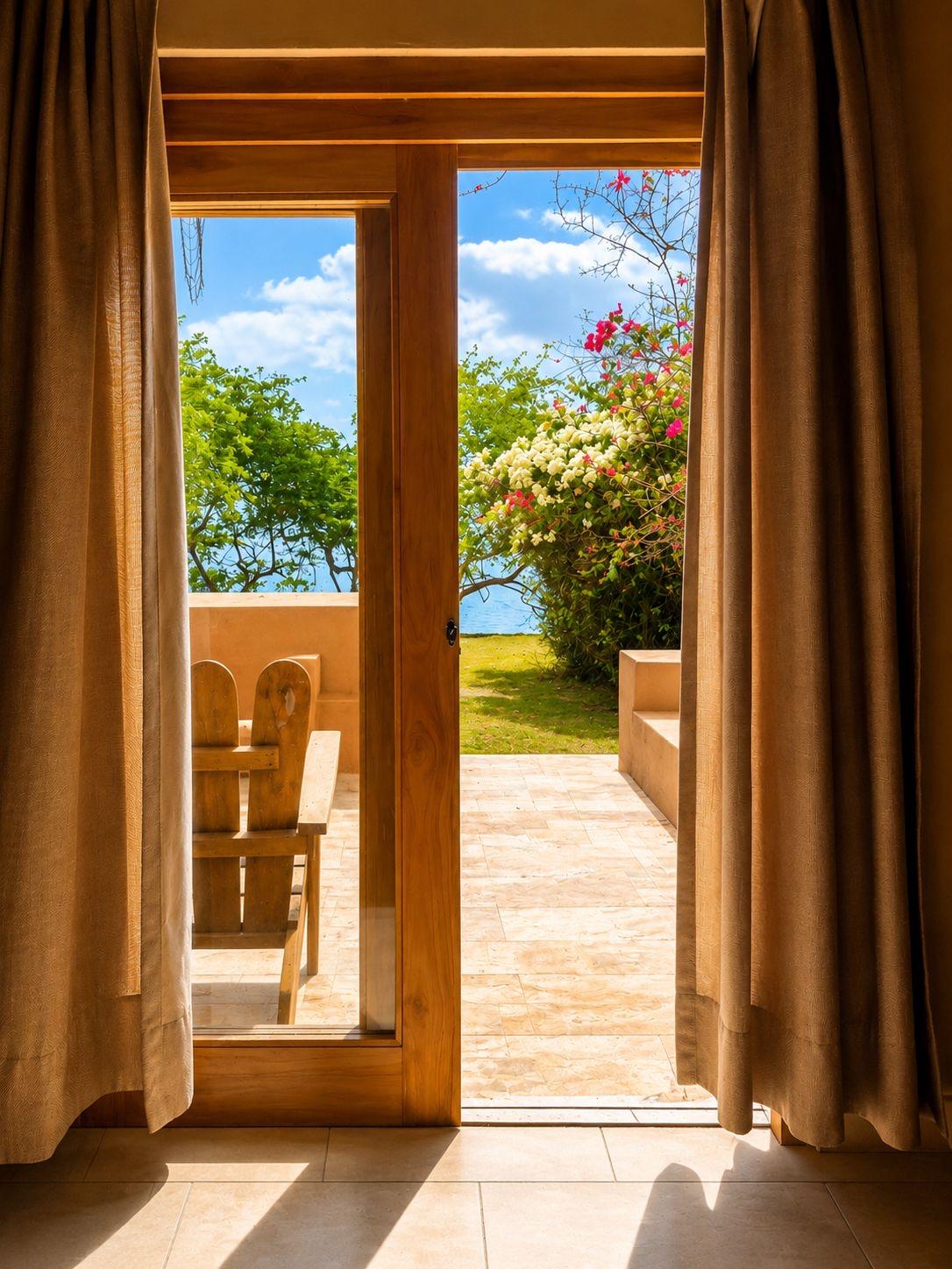 View through teak doors to bougainvillea and the sea