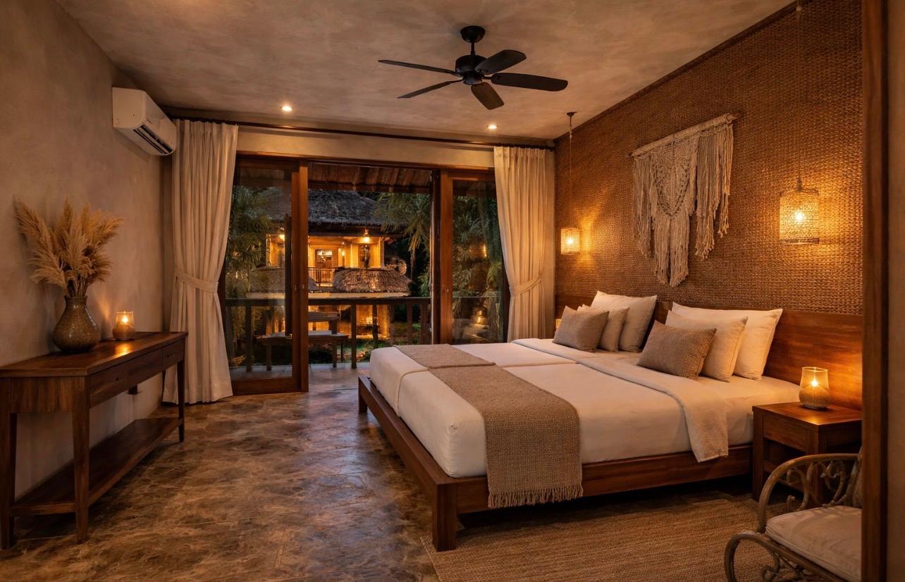 Bungalow bedroom in warm stone and teak with woven textures